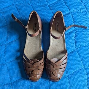 Clarks Women’s Tan Leather Ankle-Strap Flat